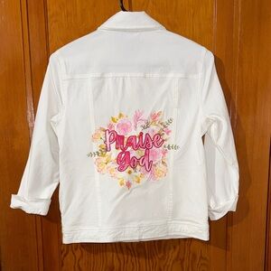 Christopher & Banks White Jean Jacket with Pink Floral Design